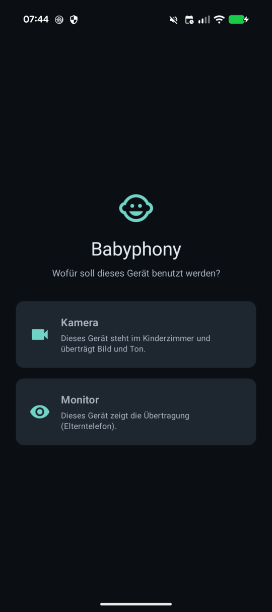 应用界面：在 Babyphony 名称下方是「这台设备要用来做什么？」的问题，下面是两个选项 — 婴儿房里的设备选相机，父母的手机选监看。
